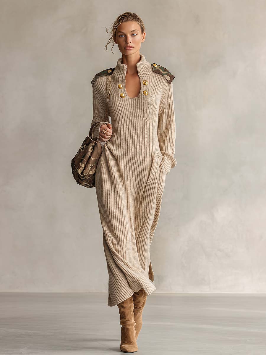 Elevated Oatmeal Ribbed Knit High-Neck Epaulette Long-Sleeve Sweater Maxi Dress