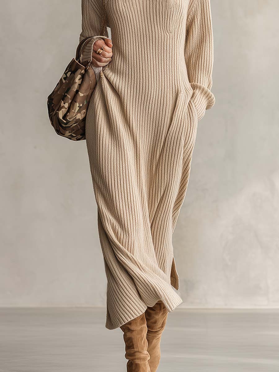 Elevated Oatmeal Ribbed Knit High-Neck Epaulette Long-Sleeve Sweater Maxi Dress