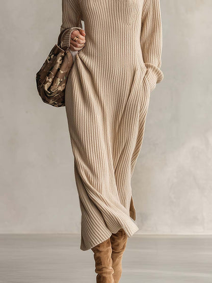 Elevated Oatmeal Ribbed Knit High-Neck Epaulette Long-Sleeve Sweater Maxi Dress