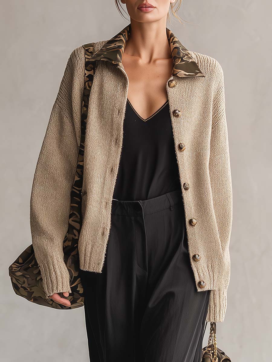 Retro Oatmeal Knit Camo-Lined Collared Button Oversized Boyfriend Cardigan Sweater