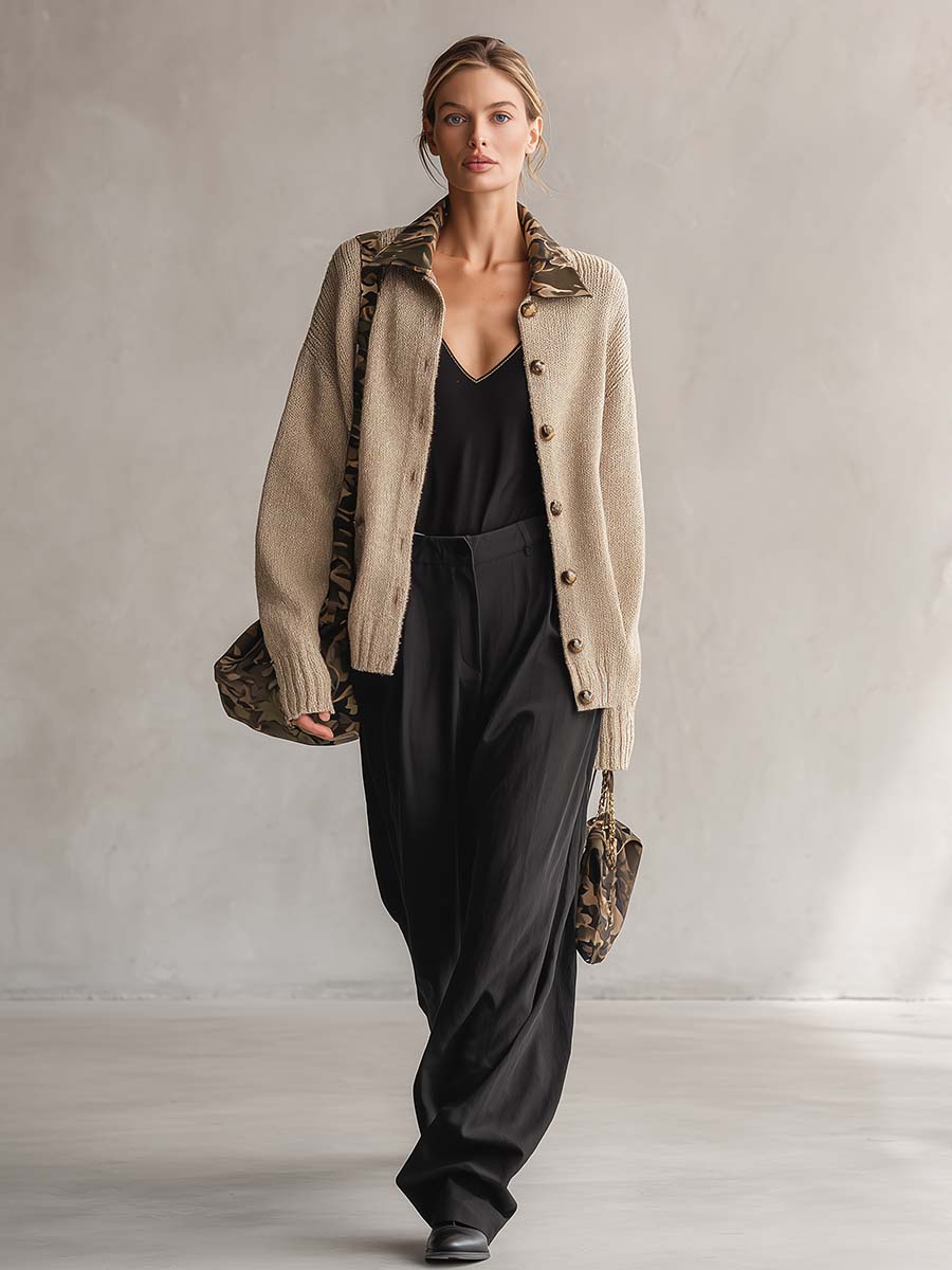 Retro Oatmeal Knit Camo-Lined Collared Button Oversized Boyfriend Cardigan Sweater