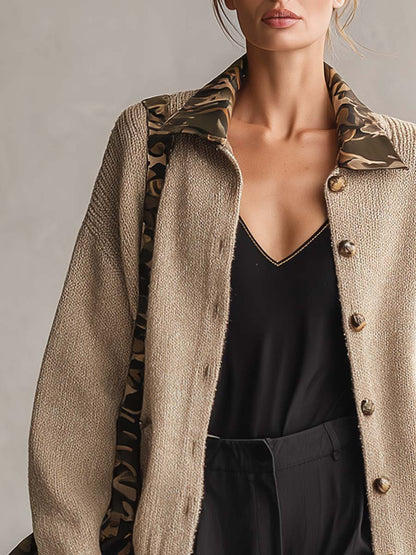 Retro Oatmeal Knit Camo-Lined Collared Button Oversized Boyfriend Cardigan Sweater