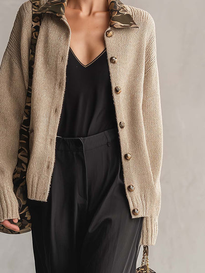 Retro Oatmeal Knit Camo-Lined Collared Button Oversized Boyfriend Cardigan Sweater