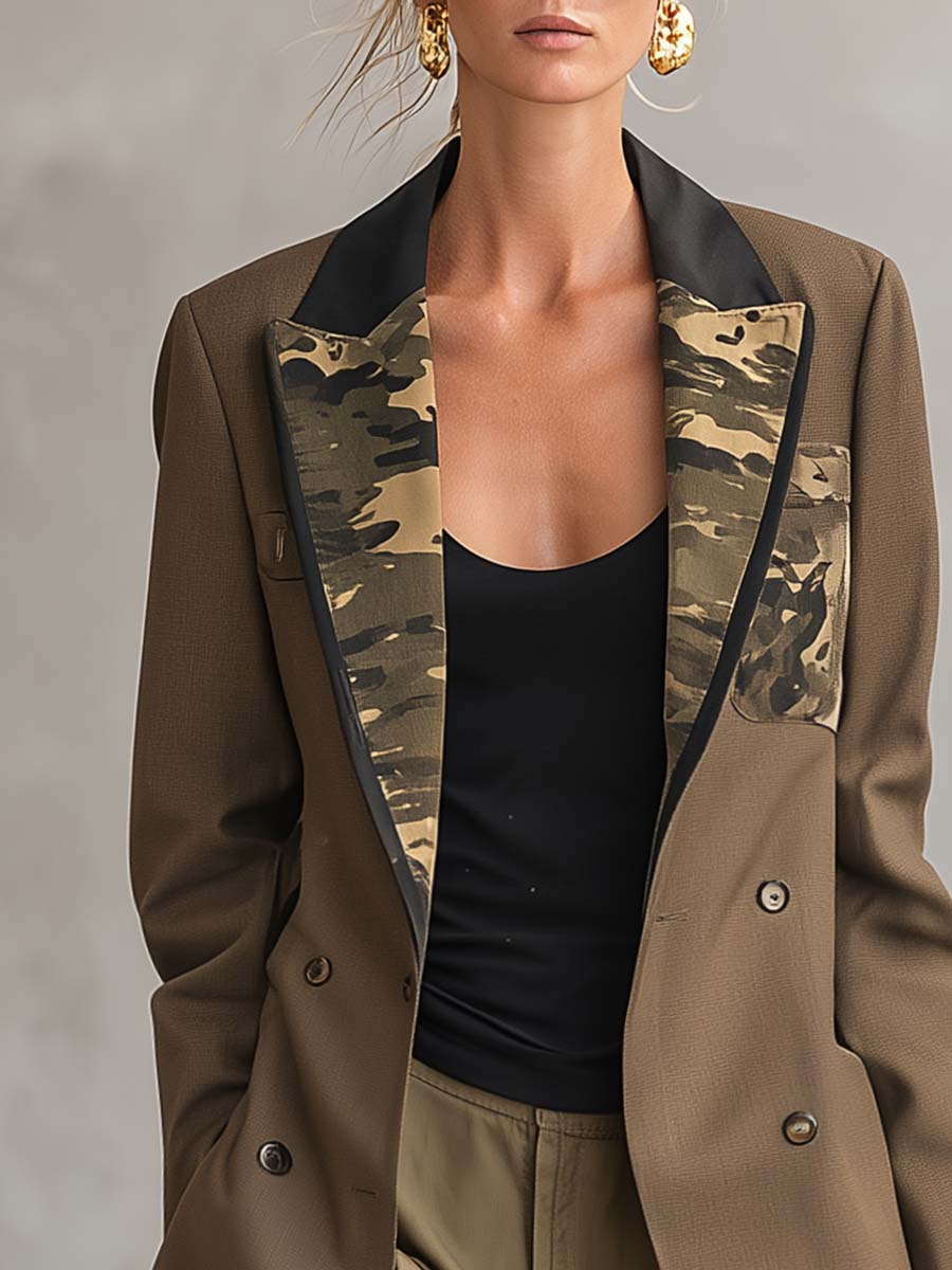 Military Khaki Camo-Lapel Double-Breasted Oversized Blazer Jacket With Pockets