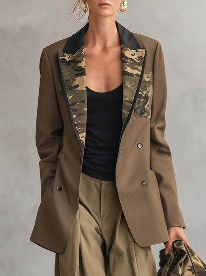 Military Khaki Camo-Lapel Double-Breasted Oversized Blazer Jacket With Pockets