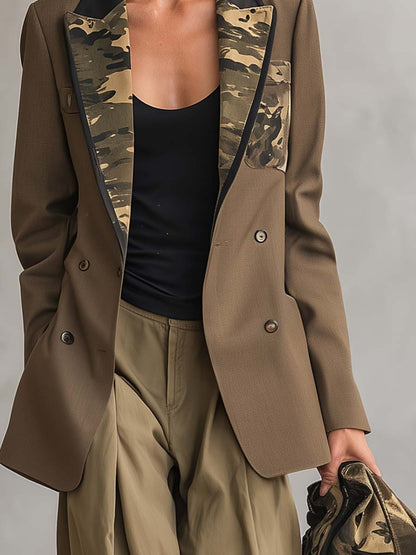 Military Khaki Camo-Lapel Double-Breasted Oversized Blazer Jacket With Pockets
