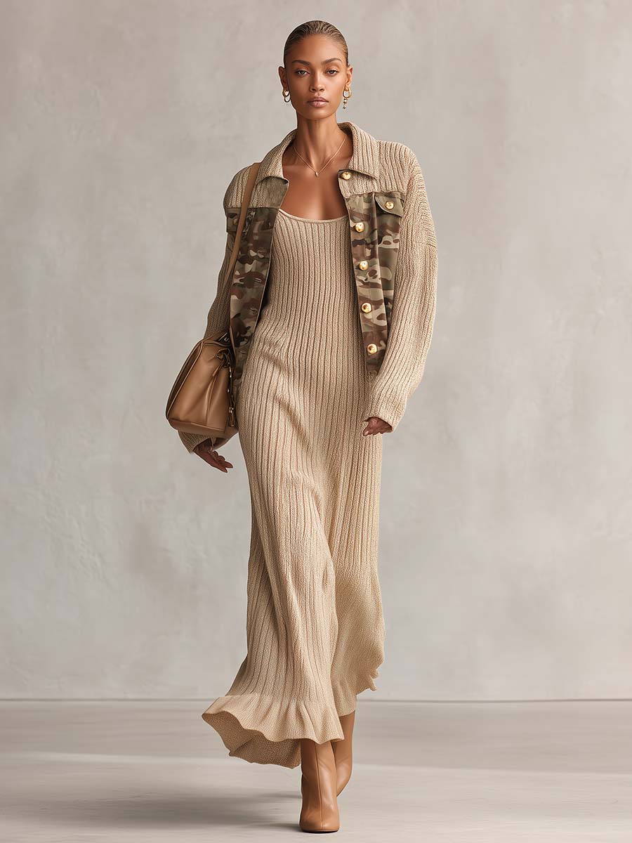 Military Oatmeal Knit Camo-Trim Gold-Button Oversized Collared Jacket With Pockets