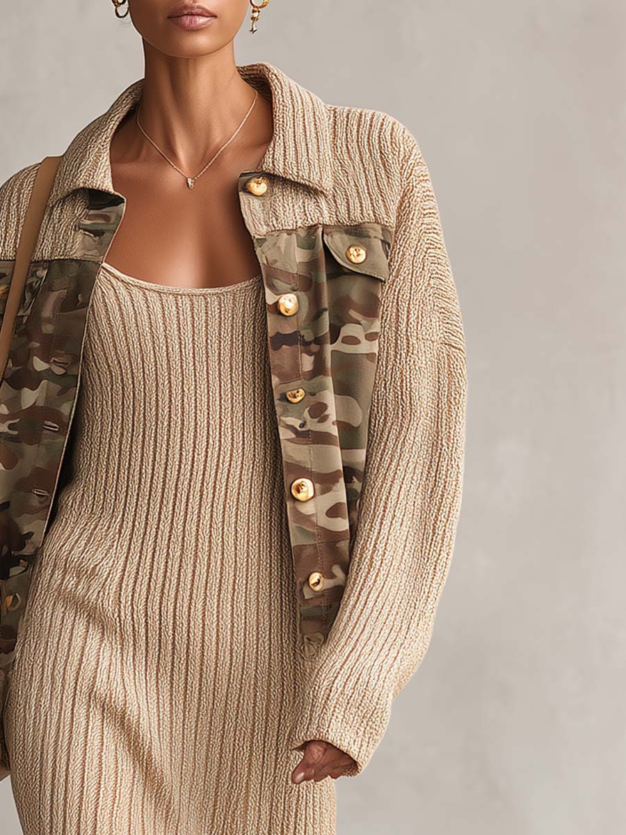 Military Oatmeal Knit Camo-Trim Gold-Button Oversized Collared Jacket With Pockets
