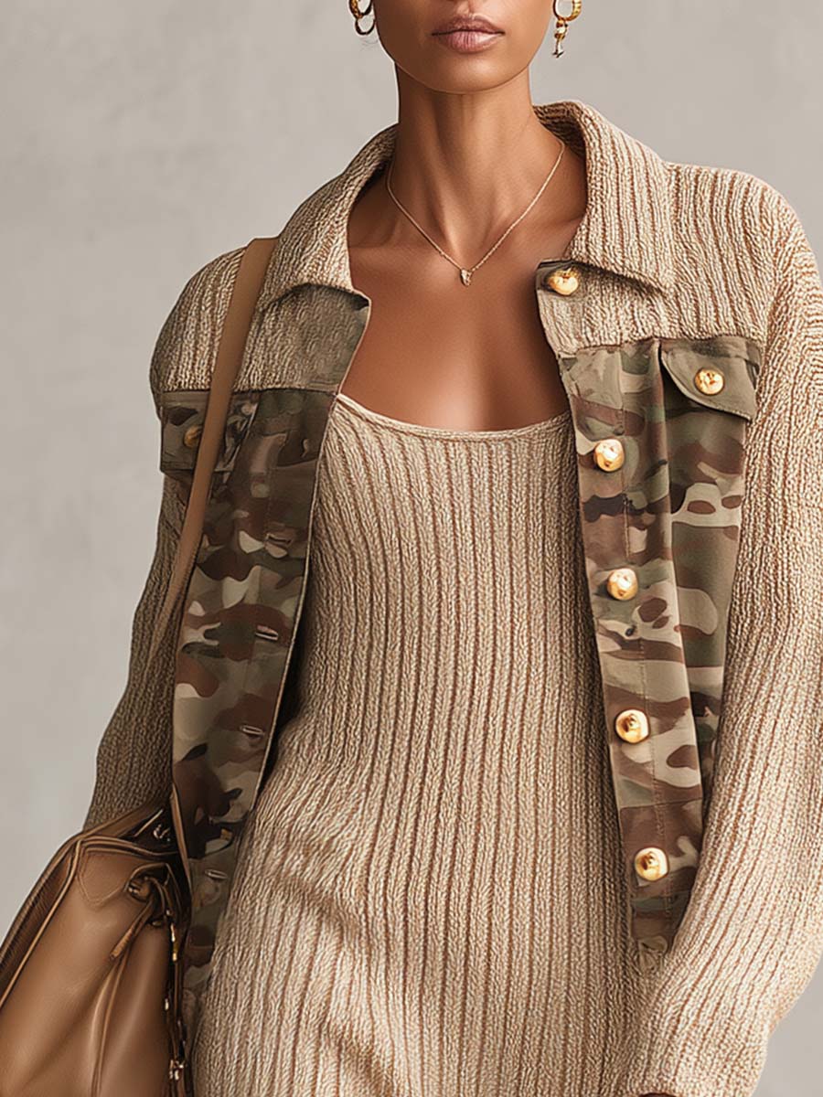 Military Oatmeal Knit Camo-Trim Gold-Button Oversized Collared Jacket With Pockets