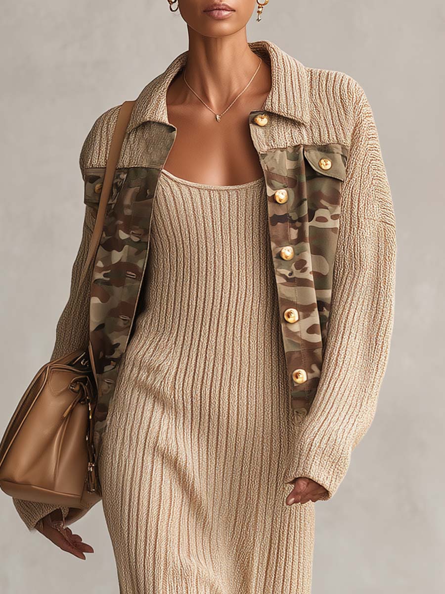 Military Oatmeal Knit Camo-Trim Gold-Button Oversized Collared Jacket With Pockets