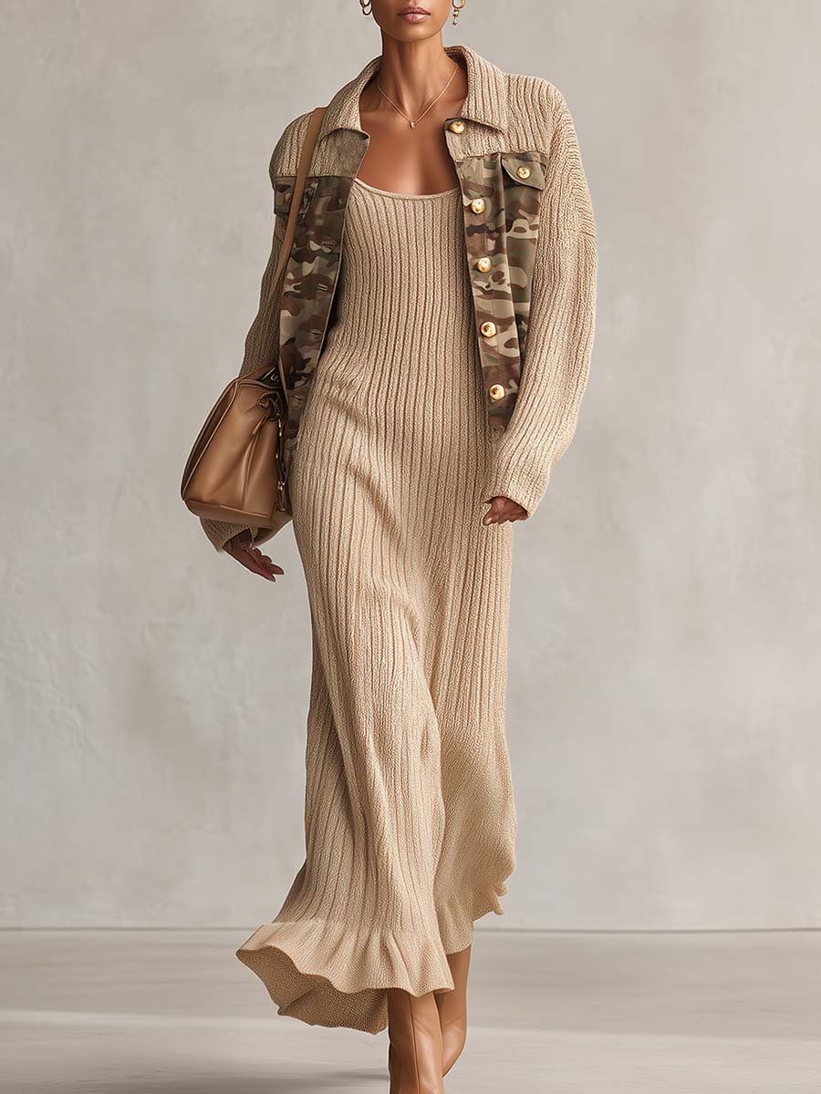 Military Oatmeal Knit Camo-Trim Gold-Button Oversized Collared Jacket With Pockets