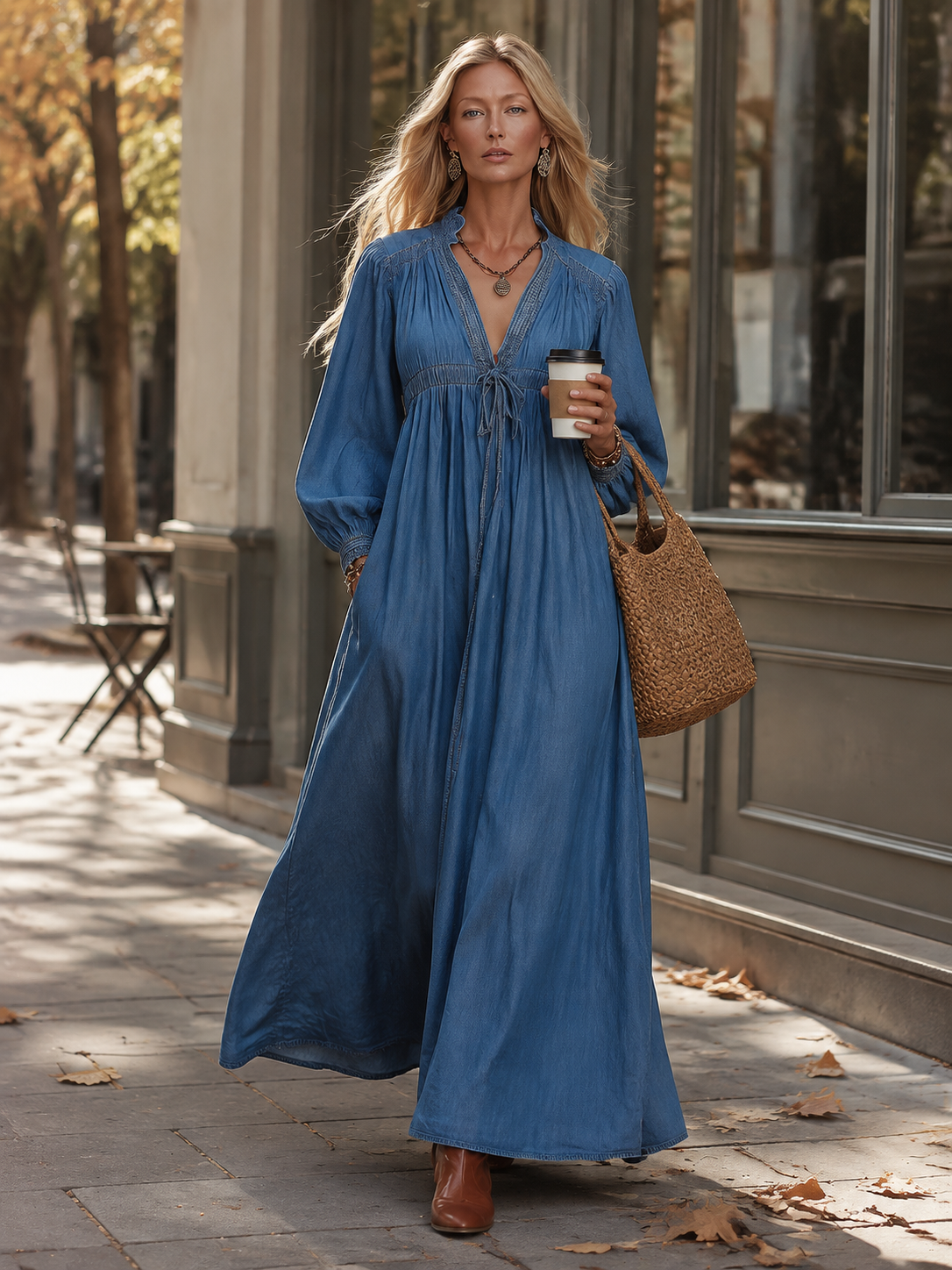 Chic Urban Lace-Up Blue V-Neck Denim Maxi Dress