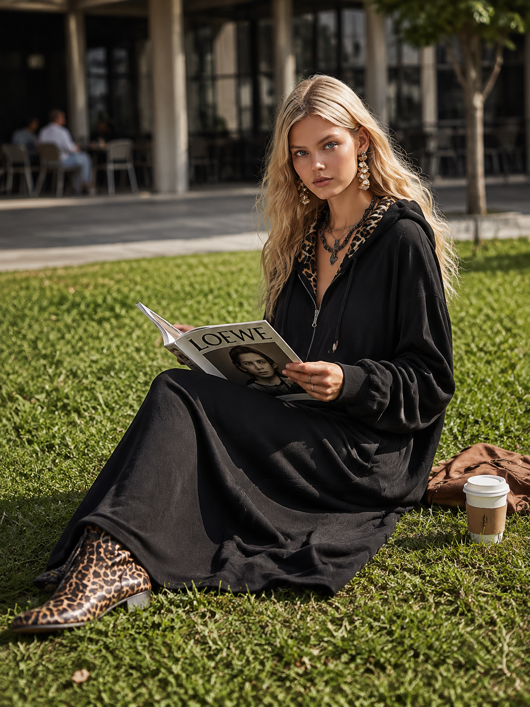 Black Casual Sporty Loose-fit Hooded Sweatshirt Maxi Dress
