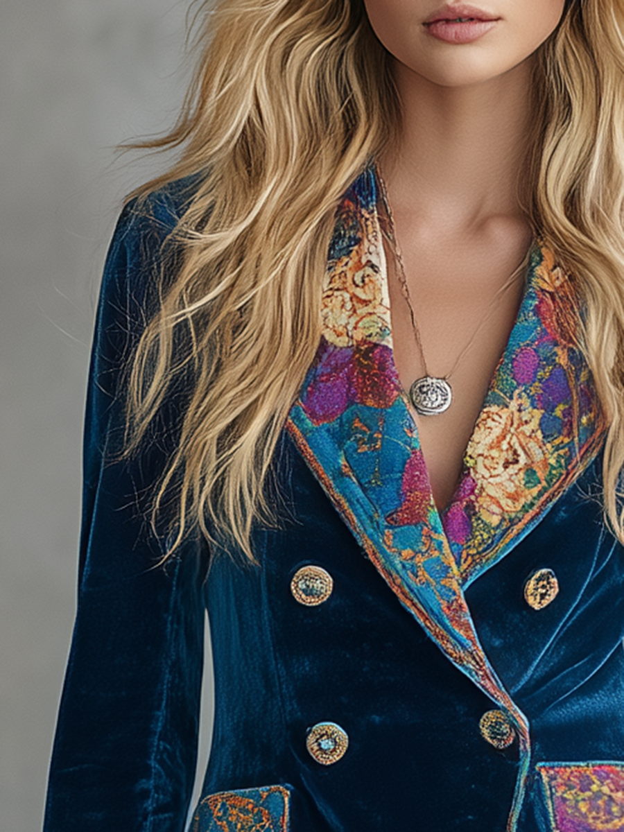 Retro-chic Velvet-paneled Top With Abstract Floral Print
