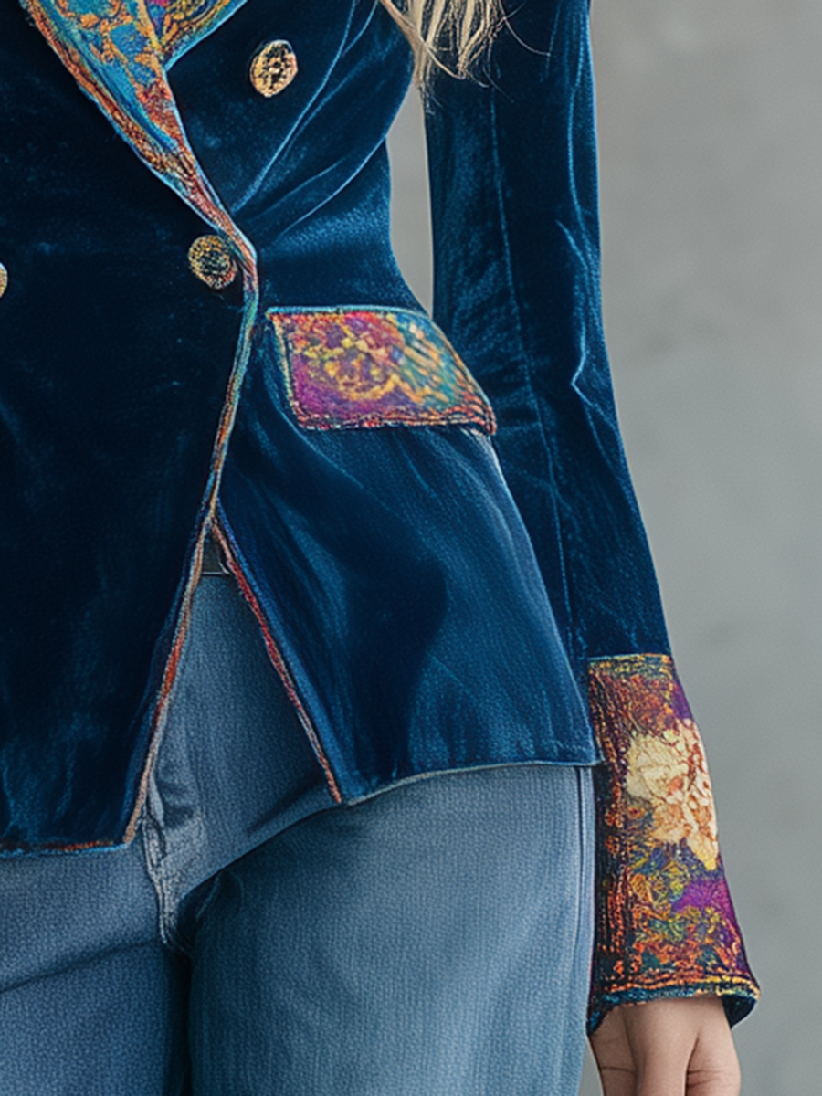 Retro-chic Velvet-paneled Top With Abstract Floral Print