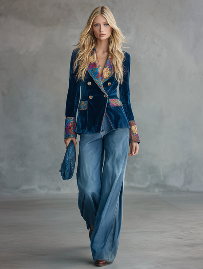 Retro-chic Velvet-paneled Top With Abstract Floral Print