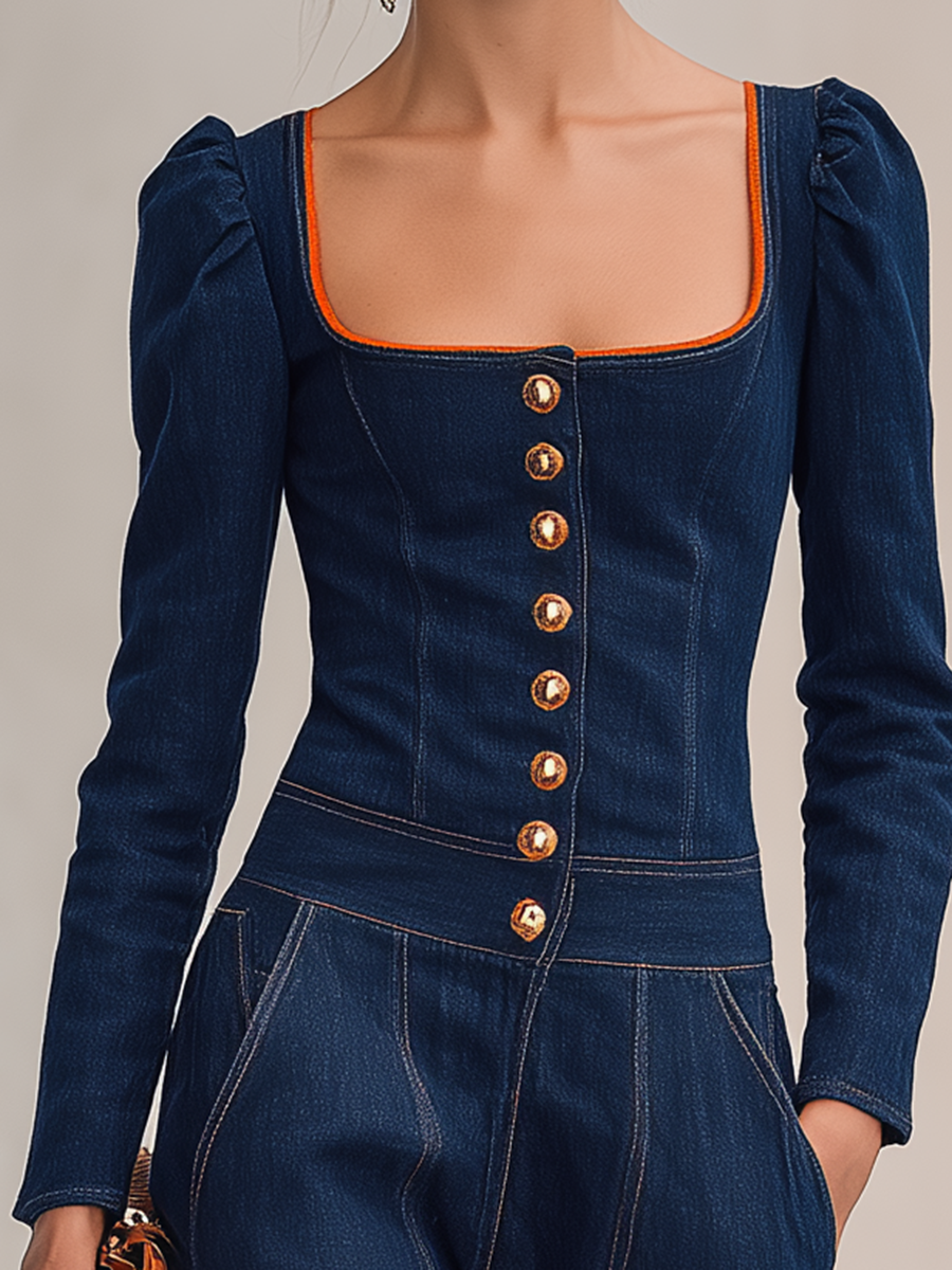 Retro Square-neck Orange-trim Button-front Fitted Big-pocket Wide-leg Jumpsuit
