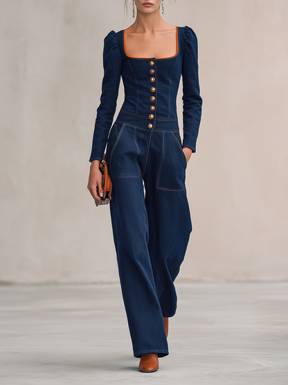 Retro Square-neck Orange-trim Button-front Fitted Big-pocket Wide-leg Jumpsuit