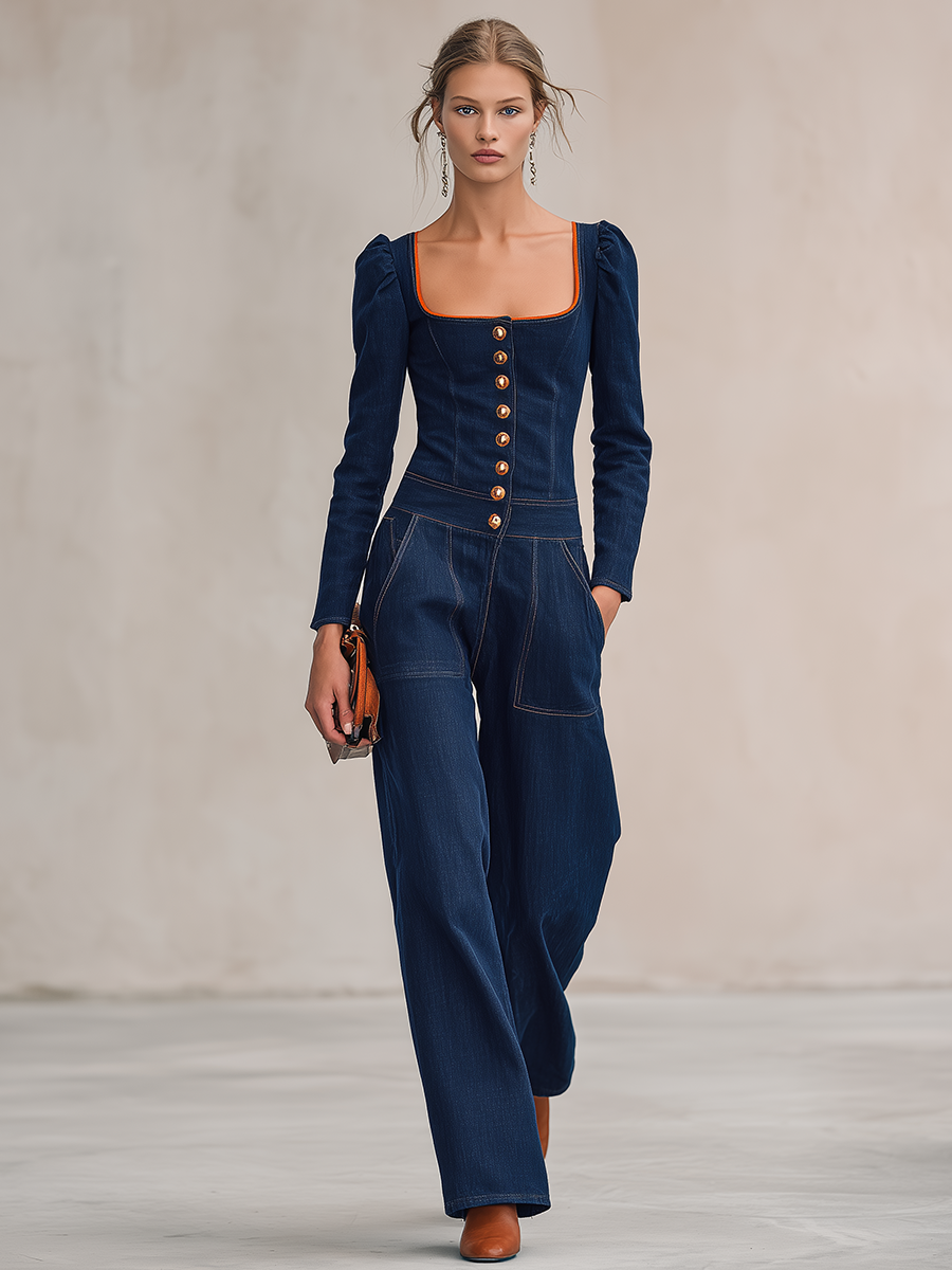 Retro Square-neck Orange-trim Button-front Fitted Big-pocket Wide-leg Jumpsuit