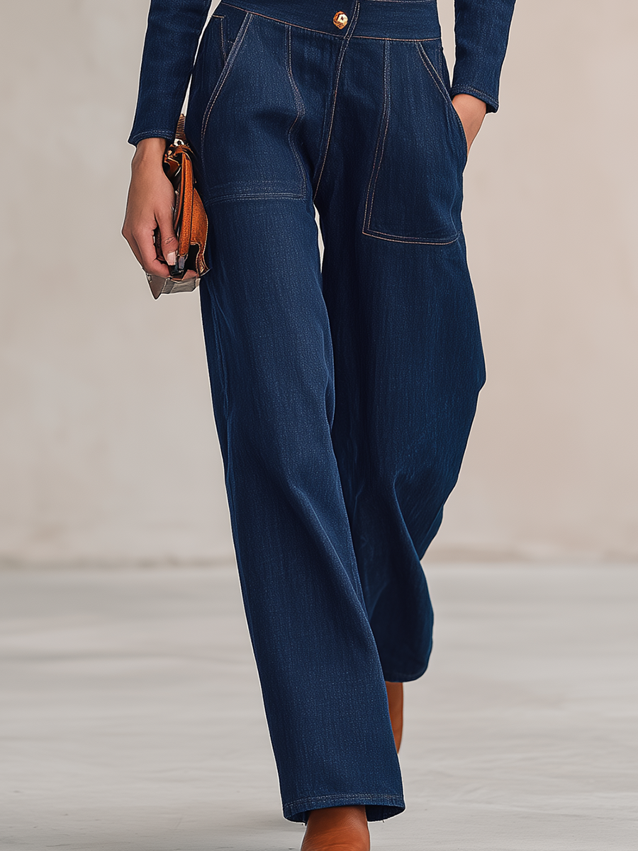 Retro Square-neck Orange-trim Button-front Fitted Big-pocket Wide-leg Jumpsuit