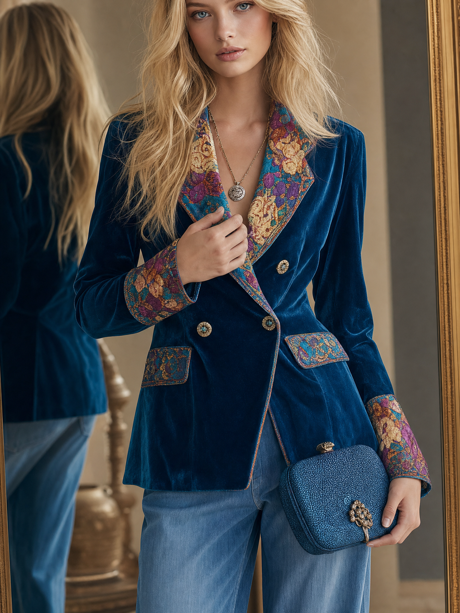 Retro-chic Velvet-paneled Top With Abstract Floral Print