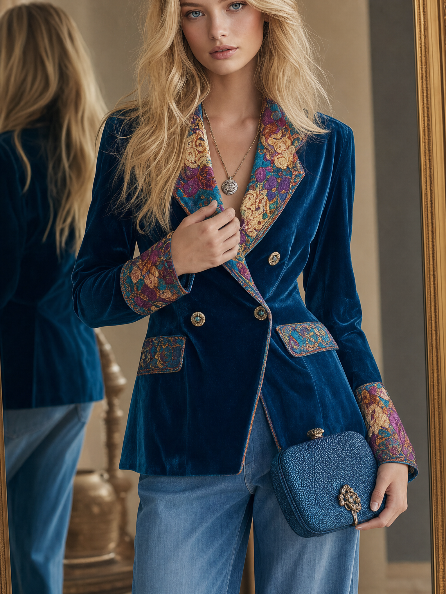 Retro-chic Velvet-paneled Top With Abstract Floral Print