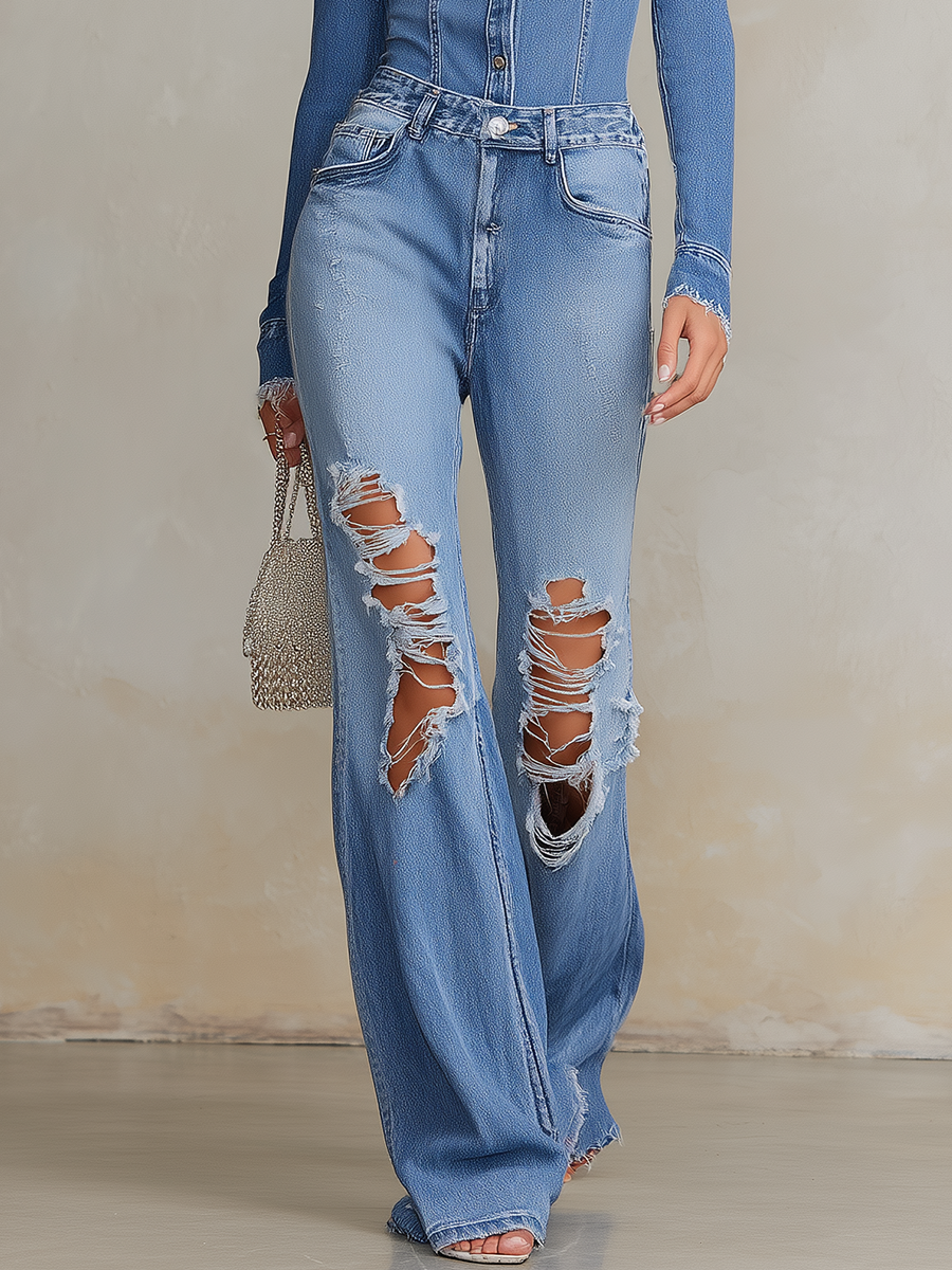 Retro Stand-collar Button-front Fitted Top With Ripped Raw-hem Wide-leg Pants Denim Set