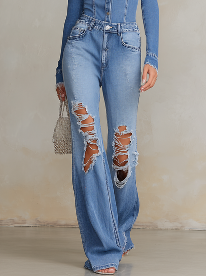 Retro Stand-collar Button-front Fitted Top With Ripped Raw-hem Wide-leg Pants Denim Set
