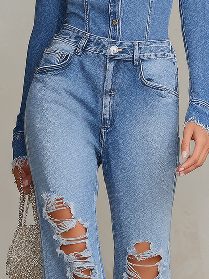 Retro Stand-collar Button-front Fitted Top With Ripped Raw-hem Wide-leg Pants Denim Set