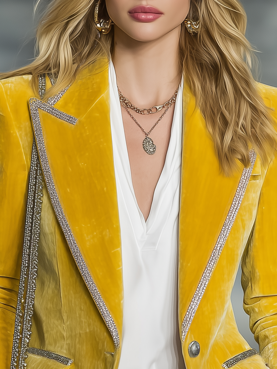 Vintage Silver-trimmed Multi-pocket Velvet Blazer