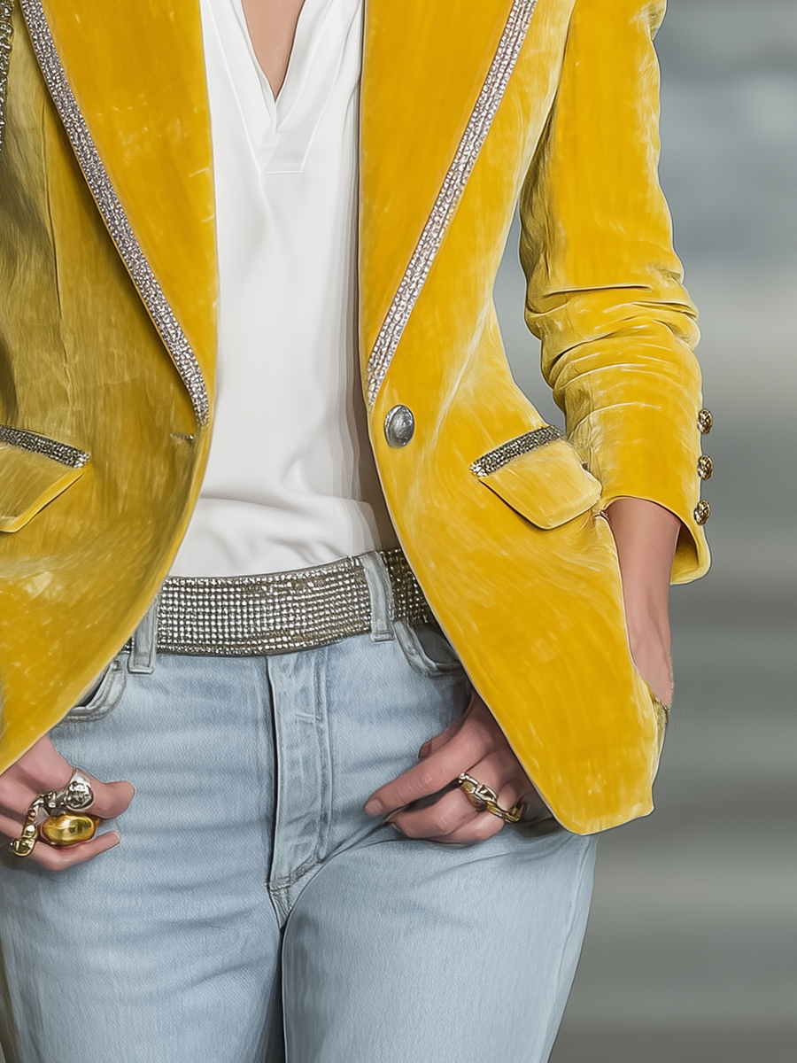 Vintage Silver-trimmed Multi-pocket Velvet Blazer