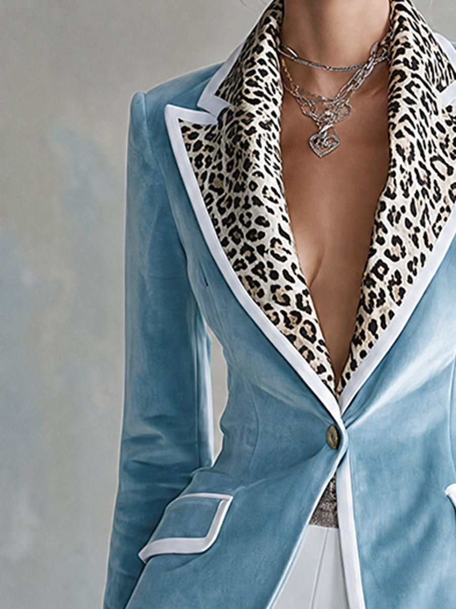 Elegant Urban Leopard-print Collar Piped Trim Light Blue Velvet Blazer