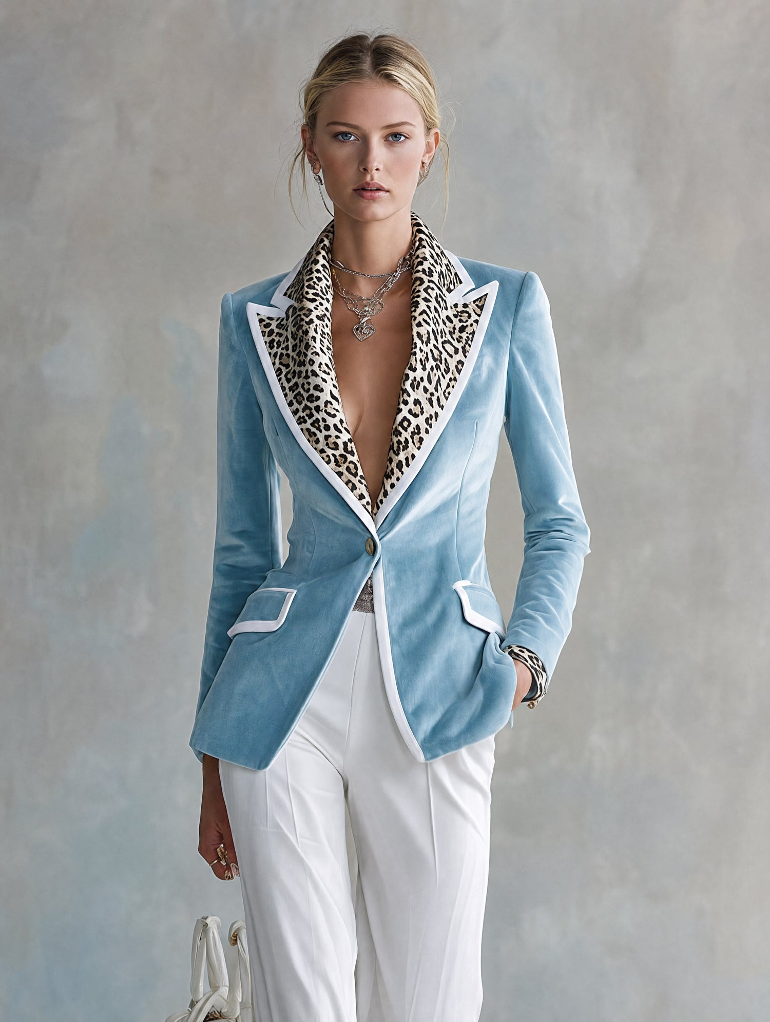 Elegant Urban Leopard-print Collar Piped Trim Light Blue Velvet Blazer