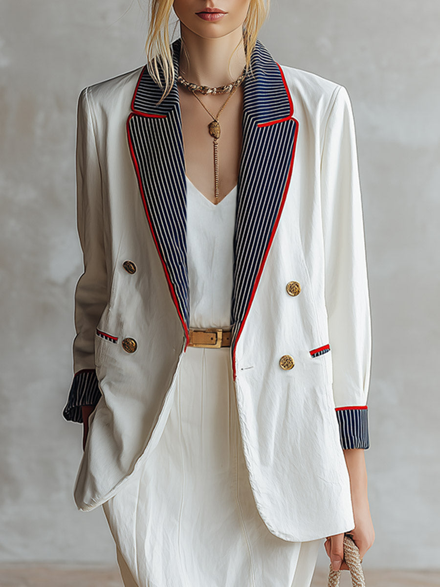 Stylish Casual White Striped-lapel Blazer