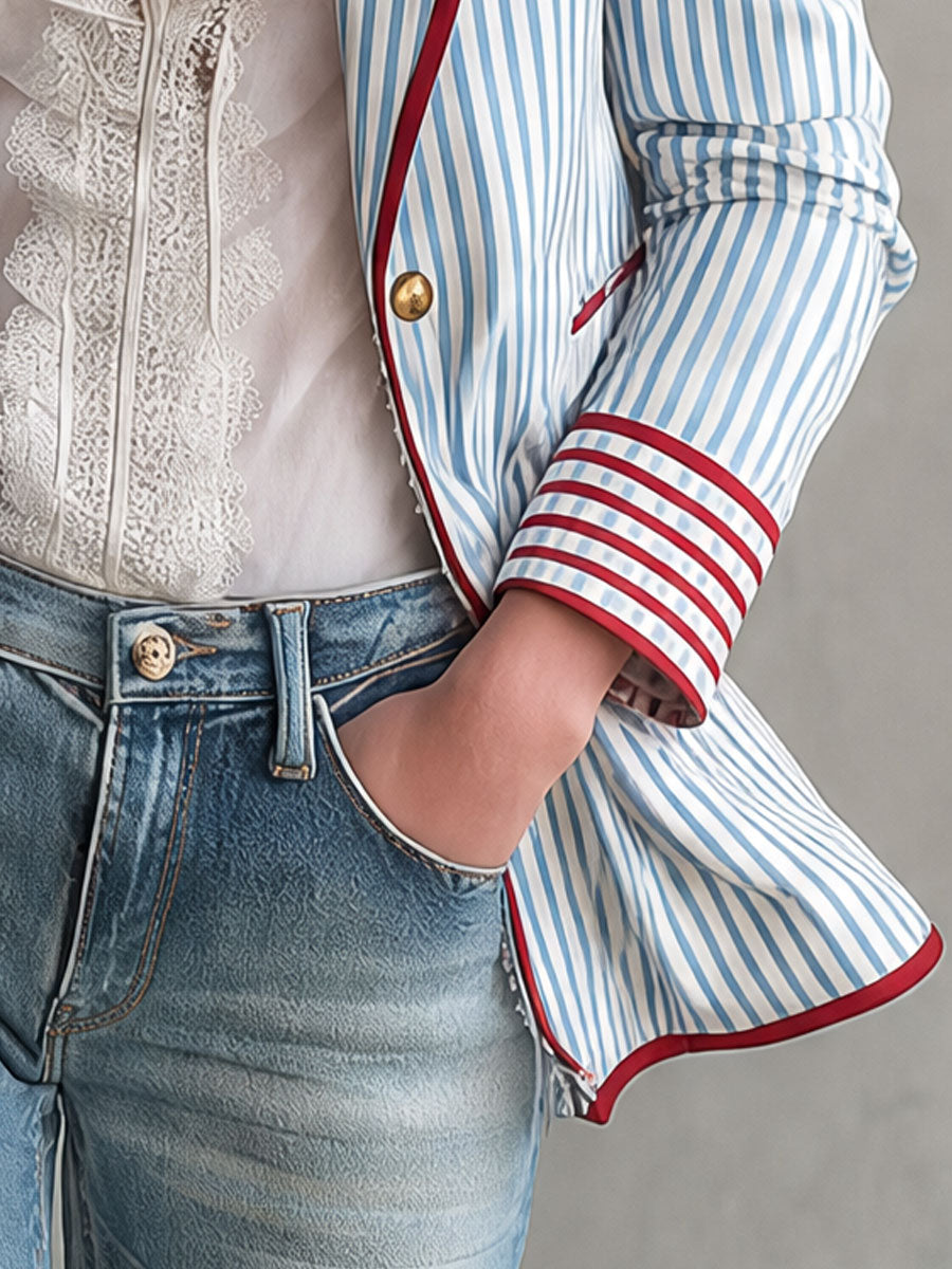 Retro Blue Striped Color-blocked Cotton Blazer