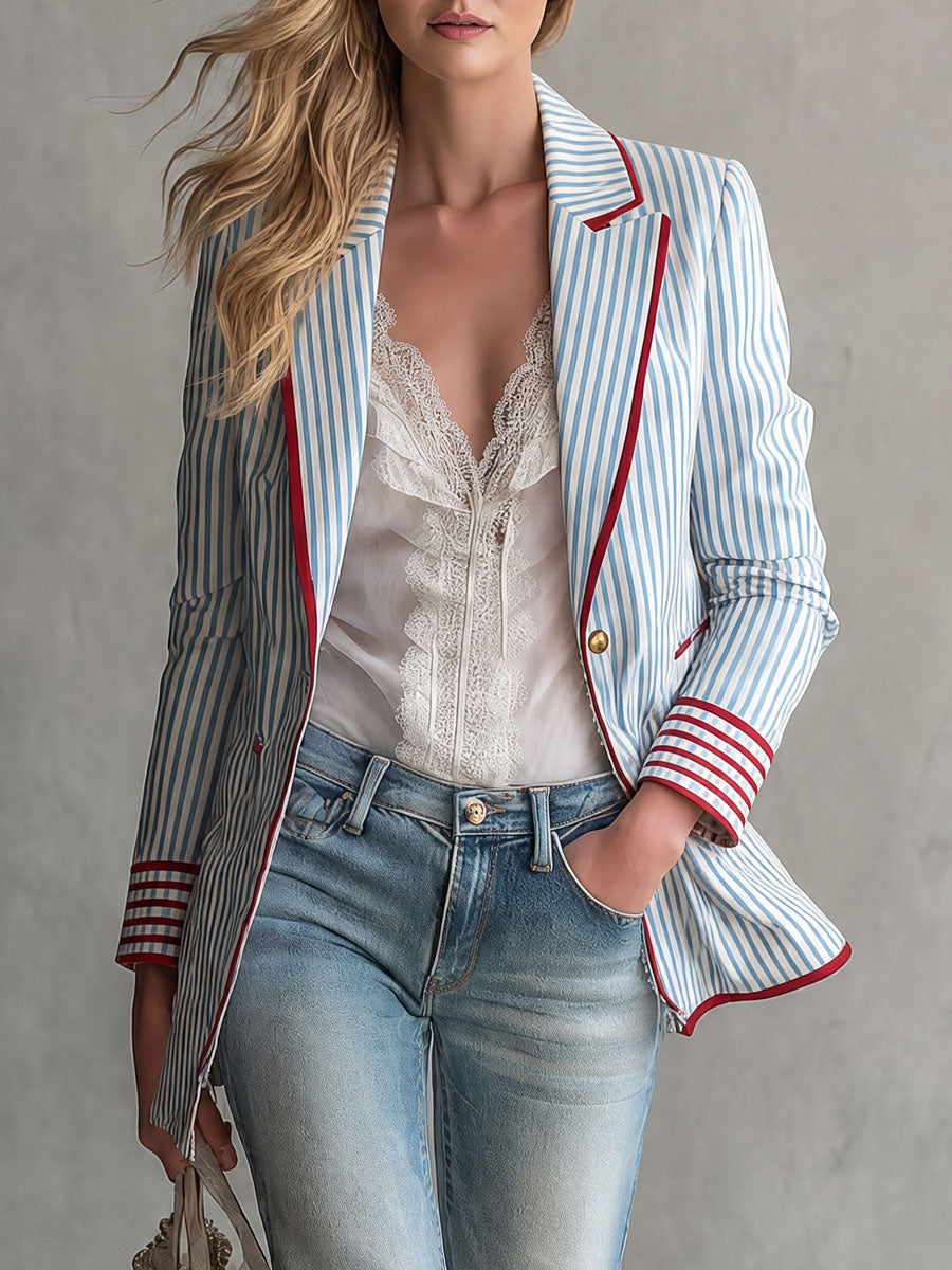 Retro Blue Striped Color-blocked Cotton Blazer