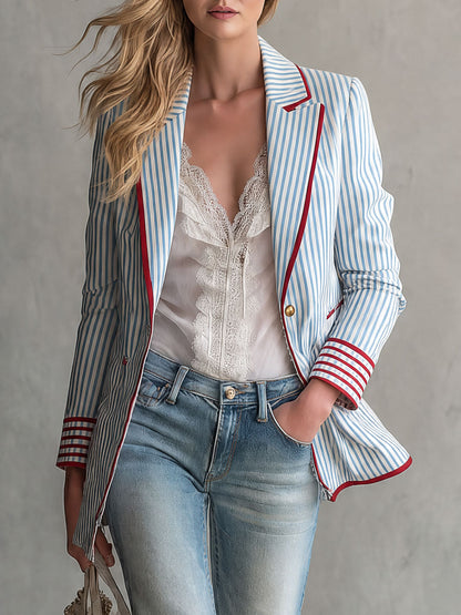 Retro Blue Striped Color-blocked Cotton Blazer