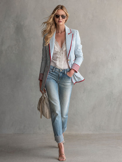 Retro Blue Striped Color-blocked Cotton Blazer