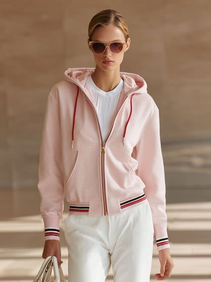 Casual Sports Colorful Striped Pink Cotton Hoodie