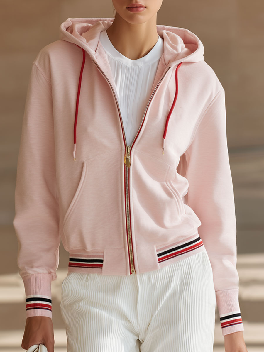 Casual Sports Colorful Striped Pink Cotton Hoodie