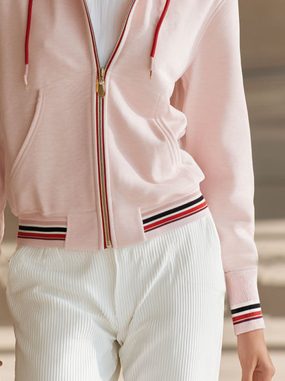 Casual Sports Colorful Striped Pink Cotton Hoodie