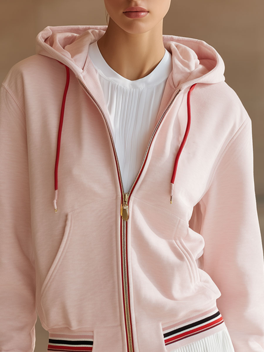 Casual Sports Colorful Striped Pink Cotton Hoodie