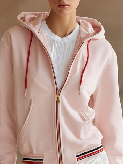 Casual Sports Colorful Striped Pink Cotton Hoodie