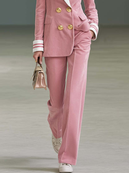 Preppy Pink Corduroy Double-Breasted Blazer And Wide-Leg Pants Suit Set