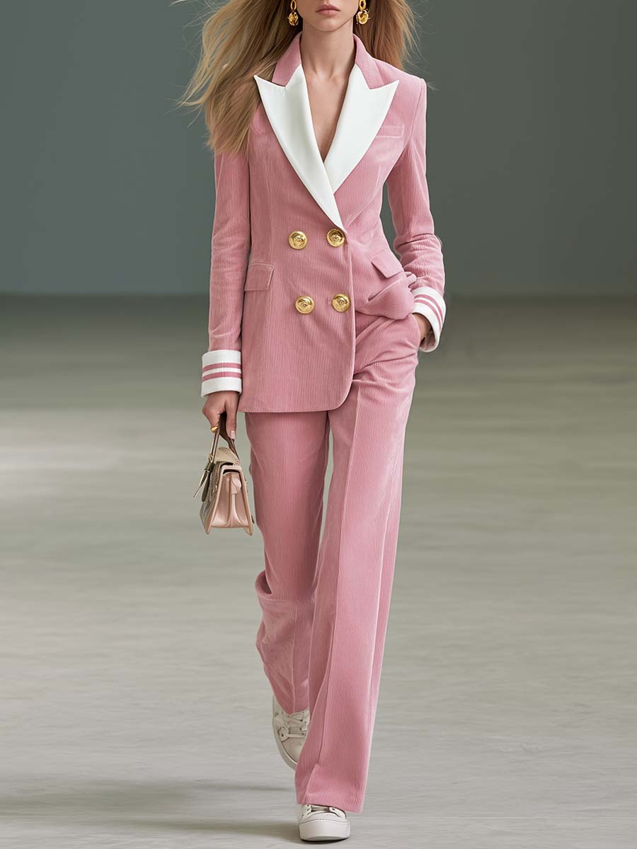 Preppy Pink Corduroy Double-Breasted Blazer And Wide-Leg Pants Suit Set