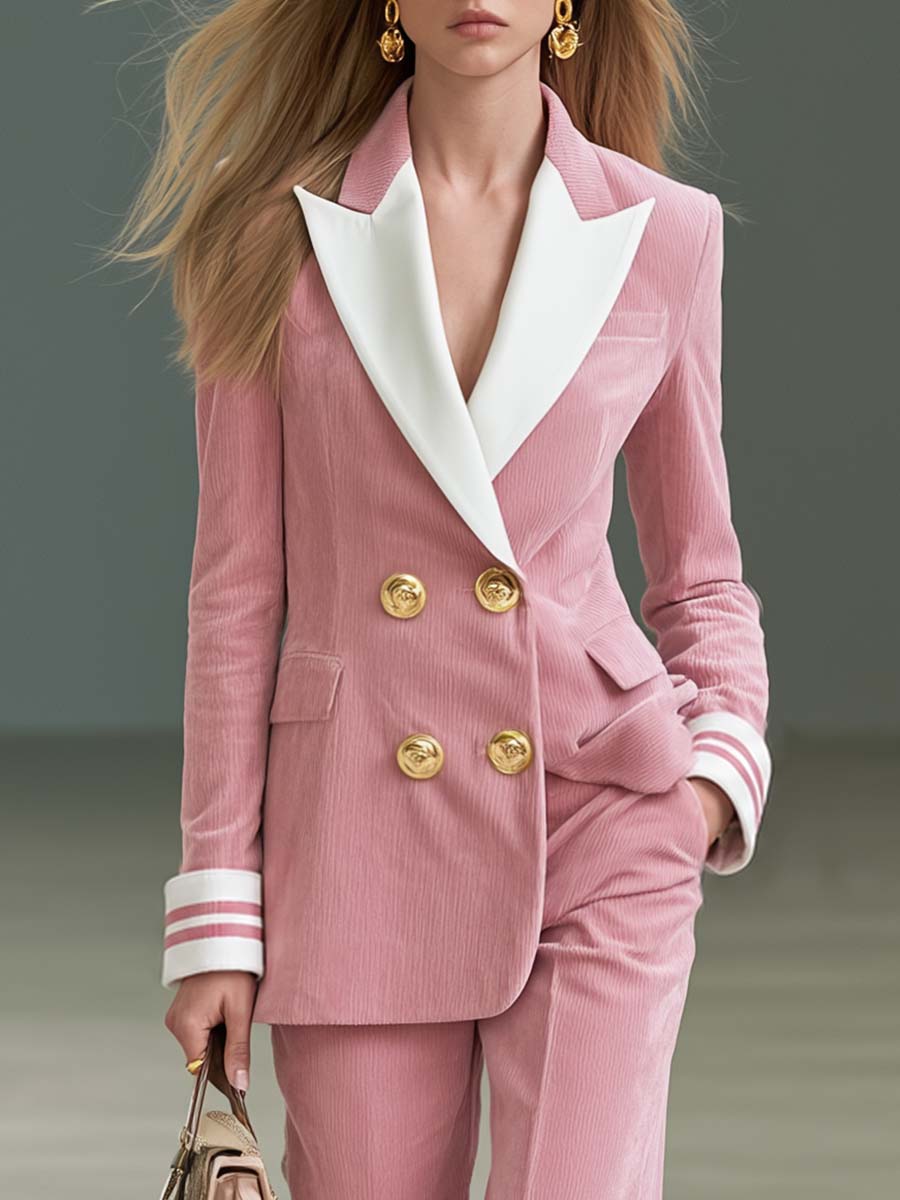 Preppy Pink Corduroy Double-Breasted Blazer And Wide-Leg Pants Suit Set