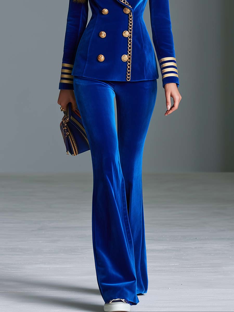 Military Royal Blue Velvet Double-Breasted Blazer And Flare Pants Suit Set