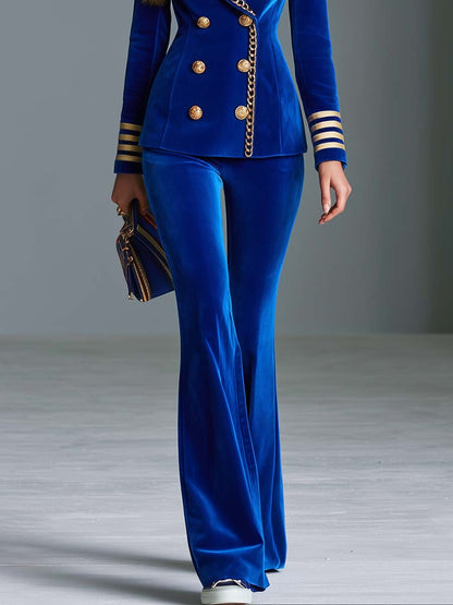 Military Royal Blue Velvet Double-Breasted Blazer And Flare Pants Suit Set