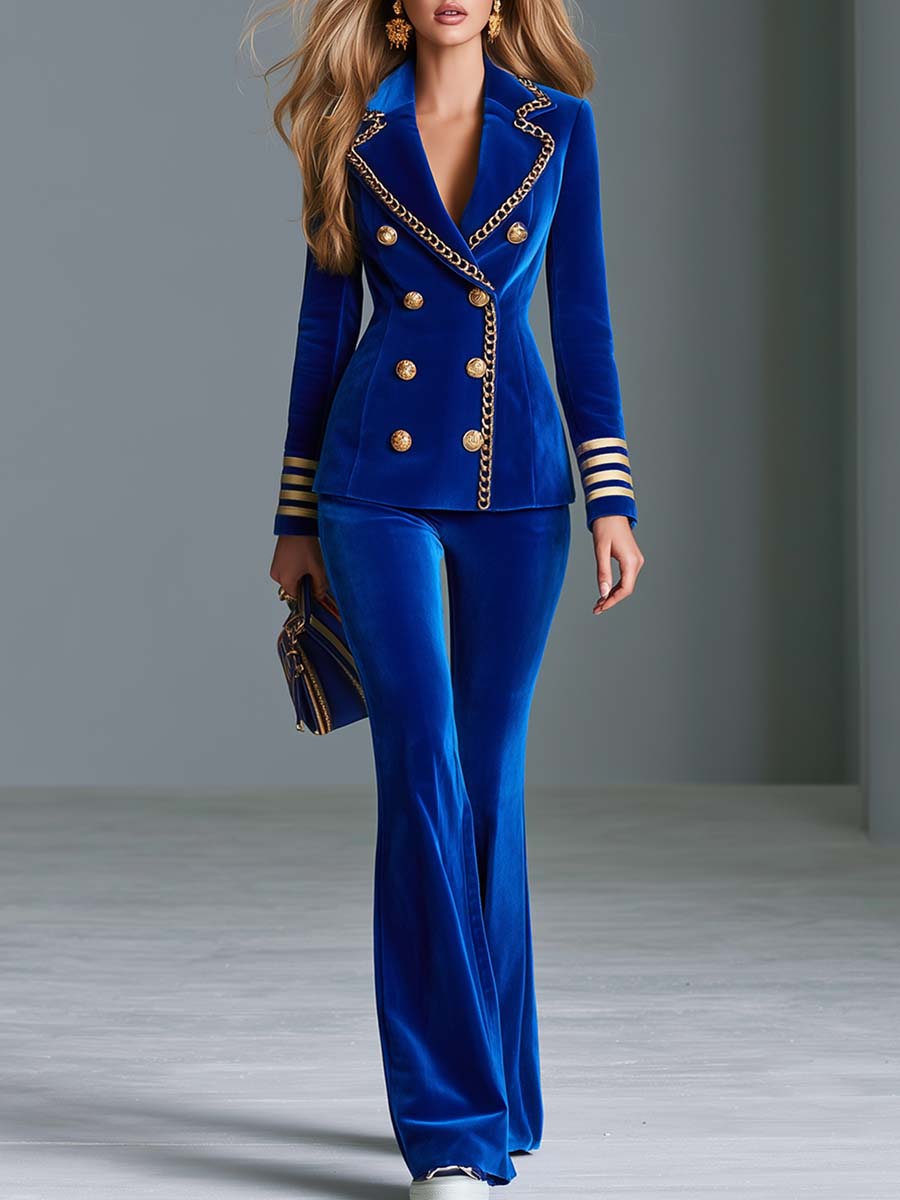 Military Royal Blue Velvet Double-Breasted Blazer And Flare Pants Suit Set