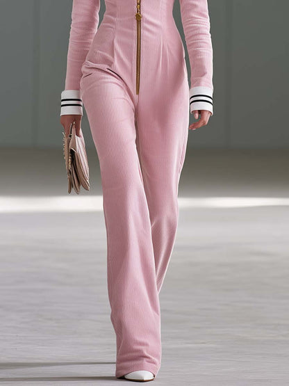 Retro Pink Corduroy Contrast-Collar Zip-Front Long-Sleeve Fitted Wide-Leg Jumpsuit